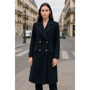 Vintage Worthington Essentials Wool Blend Navy Blue Long Line Double Breasted Ov